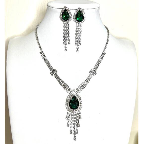 Necklace Earrings Matching Jewelry Set Green Clear CZ Silver O30 - Picture 1 of 7